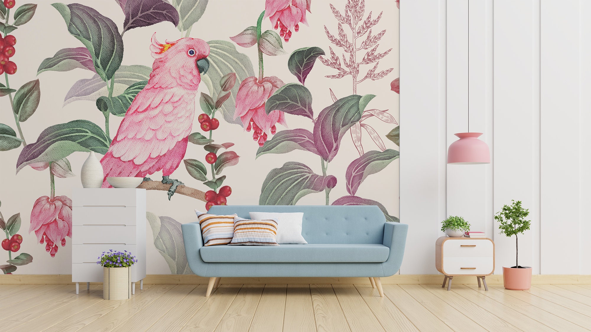 Pink Parrot Wallpaper Tropical Bird and Flowers Mural Self | Etsy