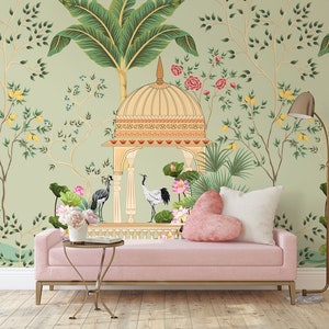 Green Traditional Mughal Garden Wallpaper, Tropical Chinoiserie Birds Mural • Peel and Stick *self adhesive* or Non-Pasted Vinyl Materials •