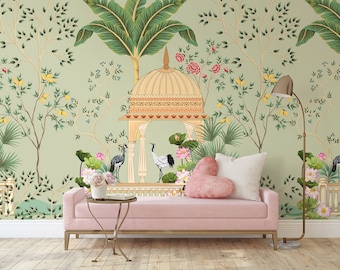 Green Traditional Mughal Garden Wallpaper, Tropical Chinoiserie Birds Mural • Peel and Stick *self adhesive* or Non-Pasted Vinyl Materials •