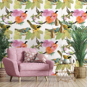 Watercolor birds and flowers wallpaper | Self Adhesive | Peel & Stick | Removable