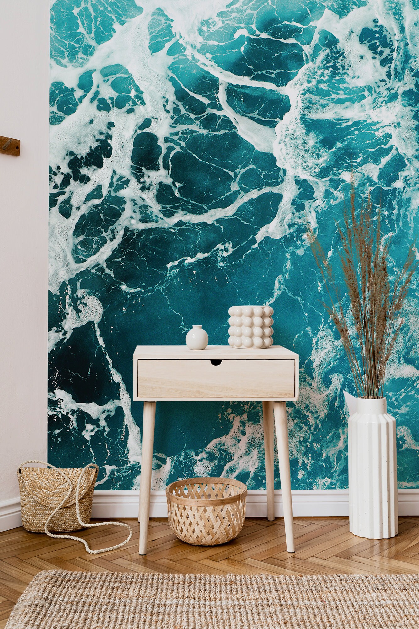 Papel pintado inspirado en las olas del mar en tonos azules