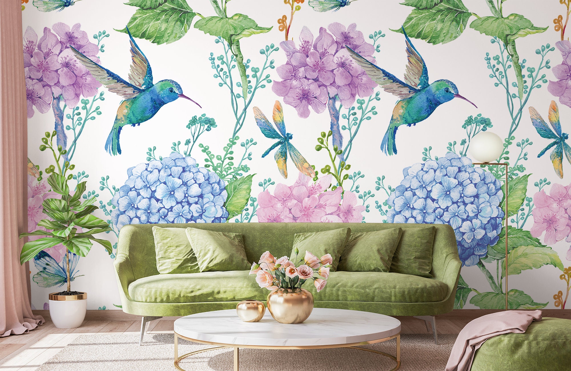 Watercolor wallpaper with humming bird, dragonfly, hydrangea and cherry flowers | Self Adhesive | Peel & Stick | Removable