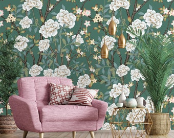 Green wallpaper with white floral motive | Self Adhesive | Peel & Stick | Removable