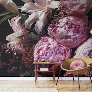 Dark floral mural, pink peony bouquet, big flowers photo wallpaper | Self Adhesive | Peel & Stick | Removable