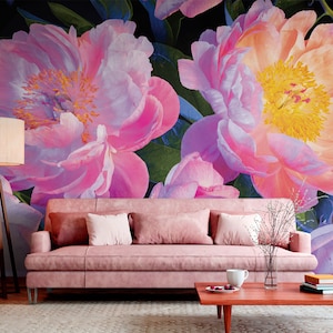 Pink Peony Wallpaper, Vivid Floral Wall Mural, Beautiful Flowers • Peel and Stick *self adhesive* or Non-Pasted Vinyl Materials •