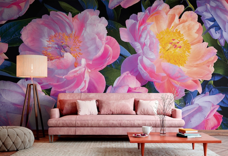 Pink Peony Wallpaper, Vivid Floral Wall Mural, Beautiful Flowers • Peel ...