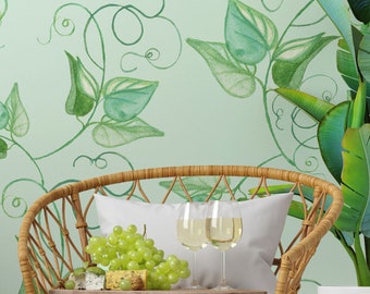 Green decorative wallpaper with watercolor green vines and small leaves | Self Adhesive | Peel & Stick | Removable Wallpaper