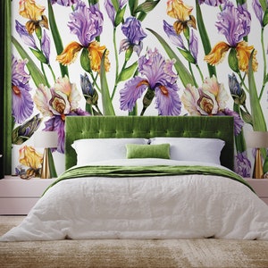 Watercolor purple and yellow iris pattern wallpaper | Self Adhesive | Peel & Stick | Removable