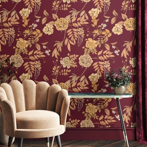 Burgunderrote Blumentapete mit gelbem Blumenmuster, dunkelrotes Wandbild • Abziehen und Aufkleben *selbstklebend* oder nicht geklebte Vinylmaterialien •