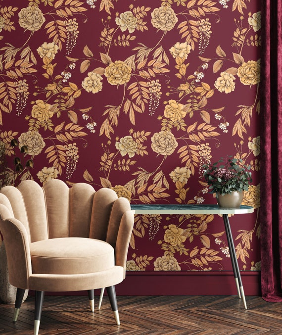 Burgundy Floral Wallpaper With Yellow Flower Pattern Dark Red Wall Mural Peel and Stick self Adhesive or Non pasted Vinyl Materials Etsy UK