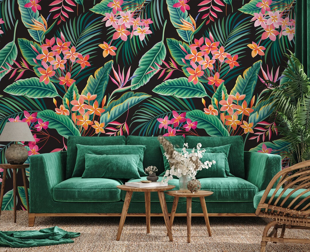 Dark Wallpaper With Exotic Leaves and Flowers | Self Adhesive | Peel ...