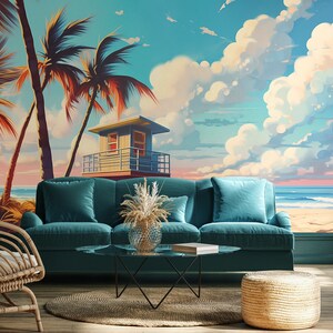 Palm Tree Beach & Blue Sky Wallpaper, Clouds Mural, Tropical Print • Peel and Stick *self adhesive* or Non-Pasted Vinyl Materials •