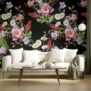 Papier peint floral foncé avec des roses, des tulipes et des fleurs de camomille | Auto-adhésif | Décoller et coller | Amovible