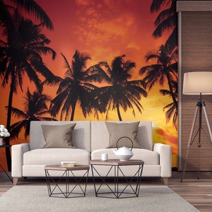 Orange Sunset and Black Palm Trees Photo Wallpaper • Peel and Stick *self adhesive* or Non-Pasted Vinyl Materials •