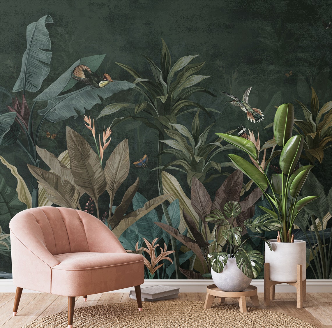 Dark Green Vintage Tropical Jungle Wallpaper With Birds Self - Etsy