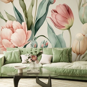 Carta da parati con fiori di peonia e tulipano pastello, decorazione murale floreale astratta • Stacca e incolla *autoadesivo* o materiali vinilici non incollati •