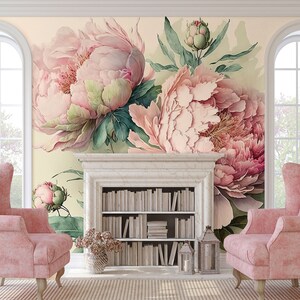 Pink Peony Flowers Wallpaper, Big Pink Floral Wall Mural • Peel and ...