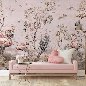 Rosa Flamingo-Chinoiserie-Tapete, Bäume und Vögel botanisches Wandbild • Abziehen und Aufkleben *selbstklebend* oder nicht geklebte Vinylmaterialien •