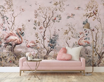 Pink Flamingo Chinoiserie Wallpaper, Trees & Birds Botanical Wall Mural • Peel and Stick *self adhesive* or Non-Pasted Vinyl Materials •