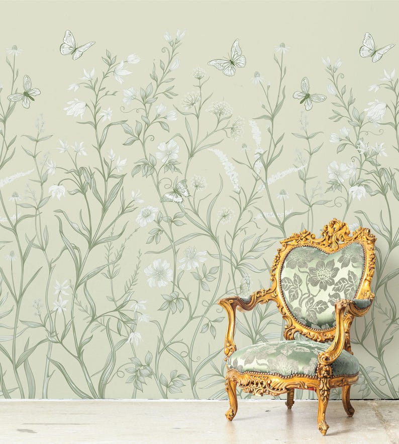 Light Green Floral Wallpaper With Butterflies, Insect & Flowers Wall ...