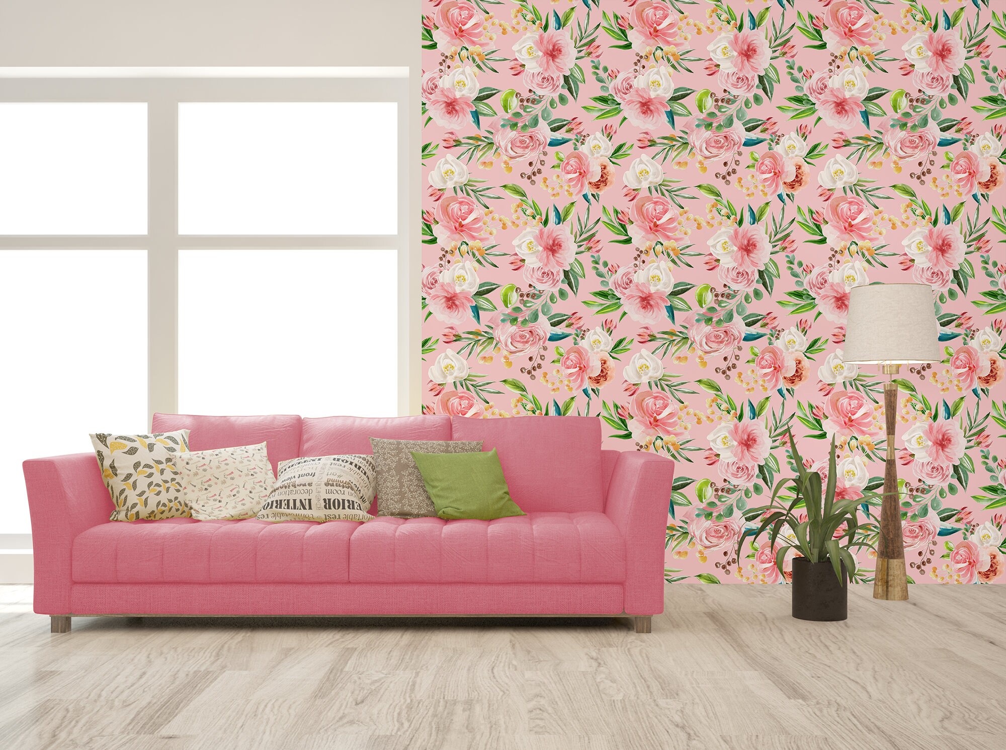 Pink Wallpaper With Watercolor Floral Bouquets and Green Leaves | Self ...