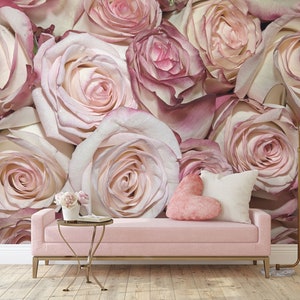 Cream Pink Vintage Rose Flowers Wallpaper, Floral Wall Mural • Peel and Stick *self adhesive* or Non-Pasted Vinyl Materials •