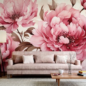 Vivid Pink Peony Flowers Wallpaper, Romantic Floral Wall Mural • Peel and Stick *self adhesive* or Non-Pasted Vinyl Materials •