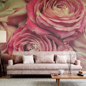 Vintage Pink Rose Flowers Wallpaper, Pink Floral Wall Mural • Peel and Stick *self adhesive* or Non-Pasted Vinyl Materials •