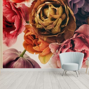 Carta da parati con grandi tulipani, murale floreale, stampa di fiori grandi | Autoadesivo | Stacca e attacca | Rimovibile