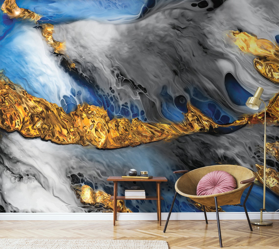 Yellow Blue and Grey Abstract Wallpaper no Metallic Effects Etsy