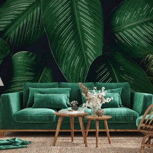 Dark green big exotic leaves photo wallpaper | Self Adhesive | Peel & Stick | Removable