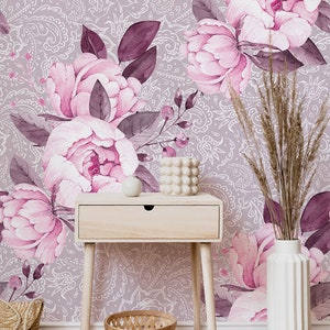 Pink peony and leaves wallpaper | Self Adhesive | Peel & Stick | Removable Wallpaper