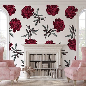 Viva Magenta Peony Flower Pattern Wallpaper with a White Background • Peel and Stick *self adhesive* or Non-Pasted Vinyl Materials •