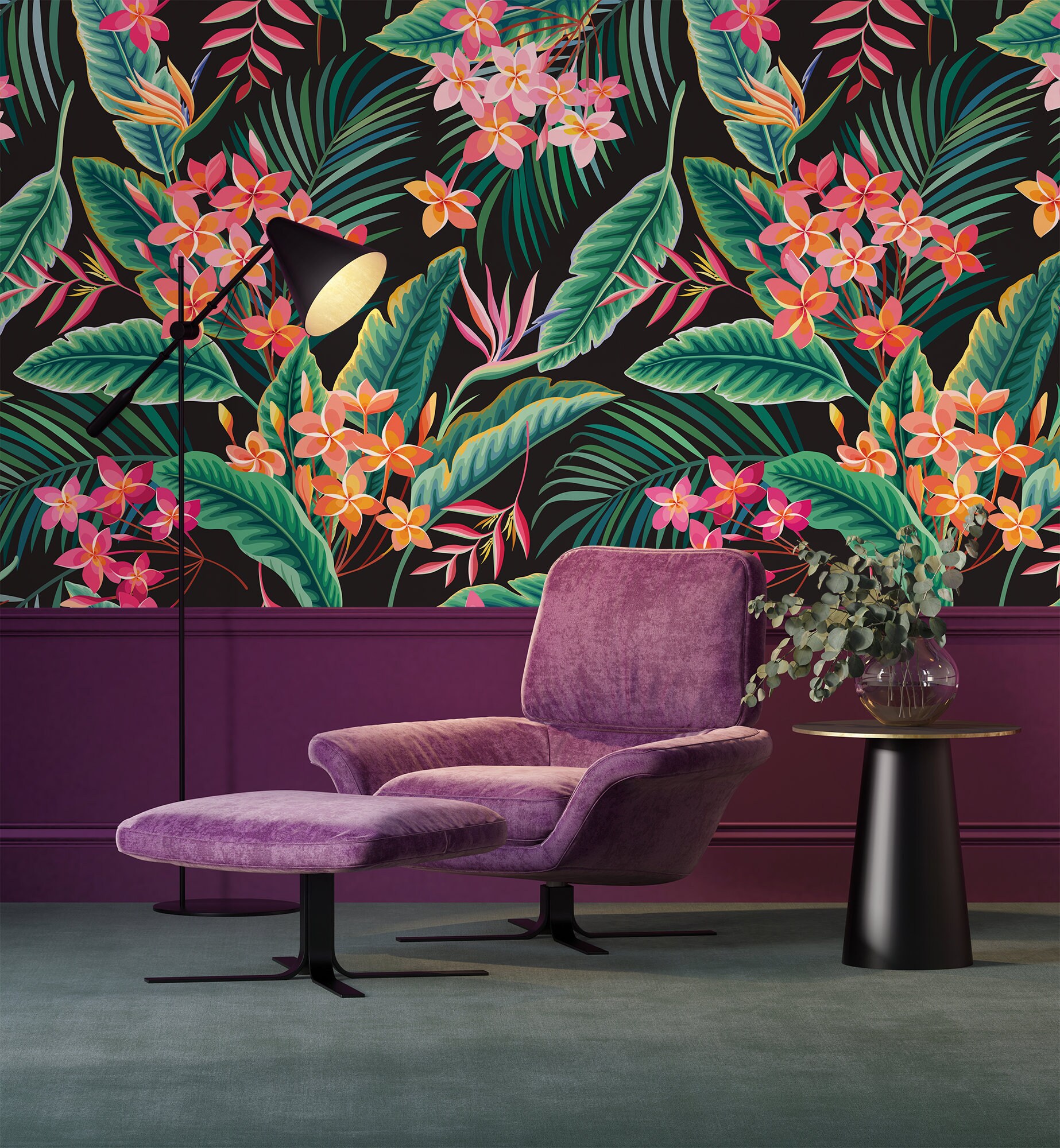 Dark Wallpaper With Exotic Leaves and Flowers | Self Adhesive | Peel ...