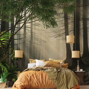 Forest and crepuscular rays wallpaper, sunbeam and trees | Self Adhesive | Peel and Stick | Removable Wallpaper