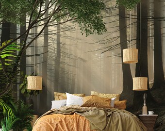 Forest and crepuscular rays wallpaper, sunbeam and trees | Self Adhesive | Peel and Stick | Removable Wallpaper