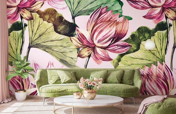 Pink lotus painting wallpaper | Self Adhesive | Peel & Stick | Removable