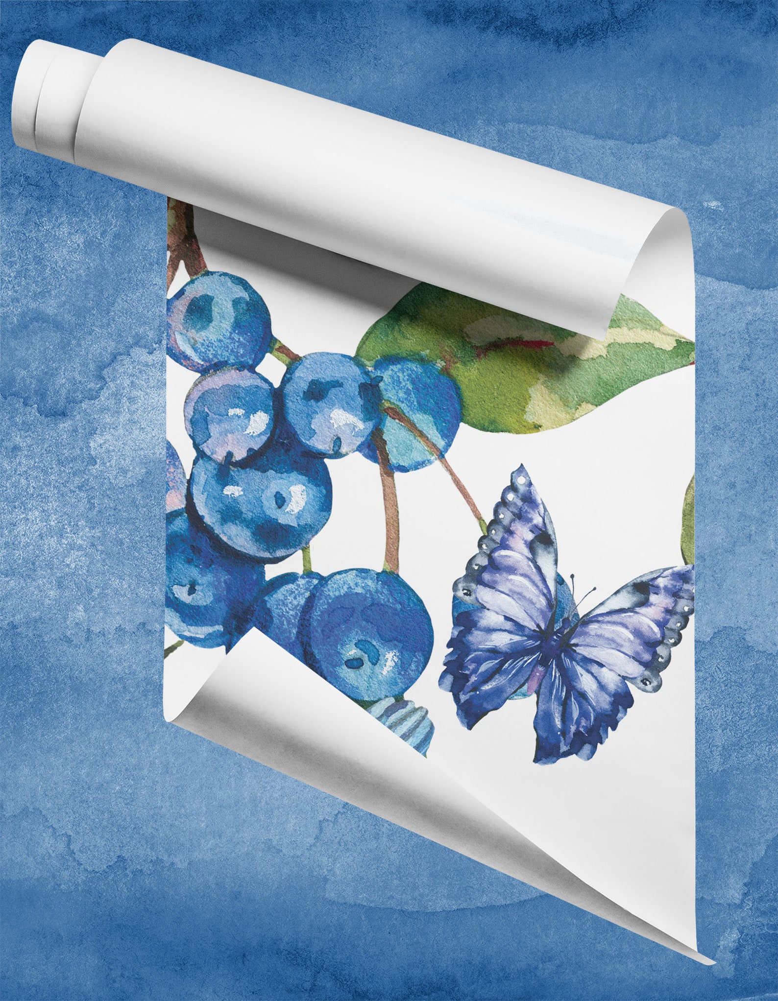 Blueberry and Butterfly Watercolor Botanical Wallpaper Self Etsy