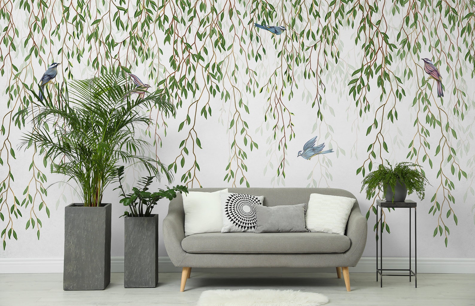 Wallpaper With Birds and Willow Branches Hanging Self - Etsy
