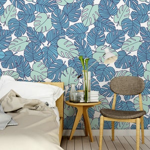 Vector blue and mint monstera leaves wallpaper | Self Adhesive | Peel & Stick | Removable