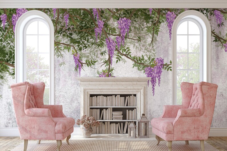 Concrete Wallpaper With Purple Wisteria Flowers and Hanging Leafy ...