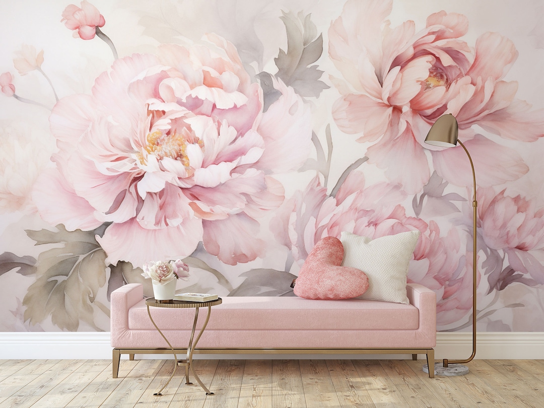 Pastel Pink Peony Wall Mural, Pink Floral Wallpaper • Peel and Stick ...