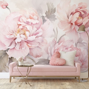 Pastel Pink Peony Wall Mural, Pink Floral Wallpaper • Peel and Stick *self adhesive* or Non-Pasted Vinyl Materials •