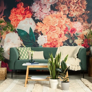 Vintage Warm Floral Wallpaper, Artificial Flowers, Floral Wall Mural • Peel and Stick *self adhesive* or Non-Pasted Vinyl Materials •