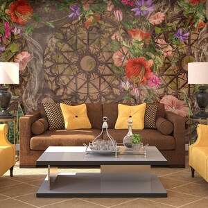 Greenhouse Floral Wallpaper, Vintage Botanical Wall Mural • Peel and Stick *self adhesive* or Non-Pasted Vinyl Materials •
