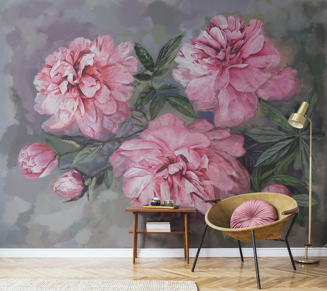 Peony Painting Wallpaper, Oil Painted Mural, Pink Floral Decor | Self ...