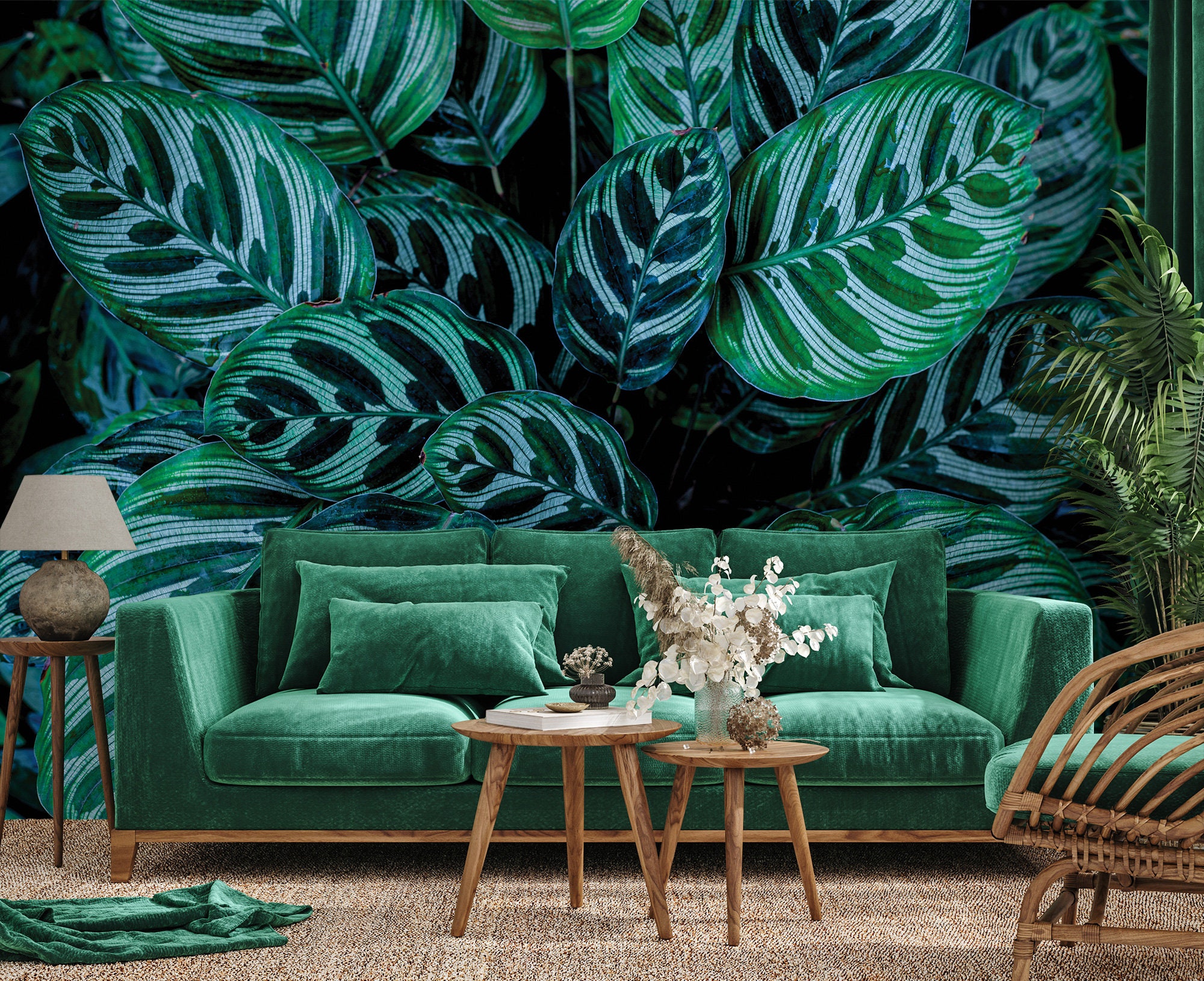 Dark Teal Tropical Leaf Wallpaper: Ju...