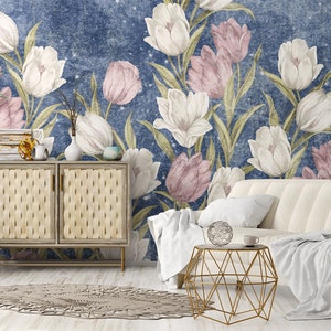 Papier peint bleu abstrait avec des tulipes en fleurs roses et blanches | Auto-adhésif | Peler et coller | Amovible
