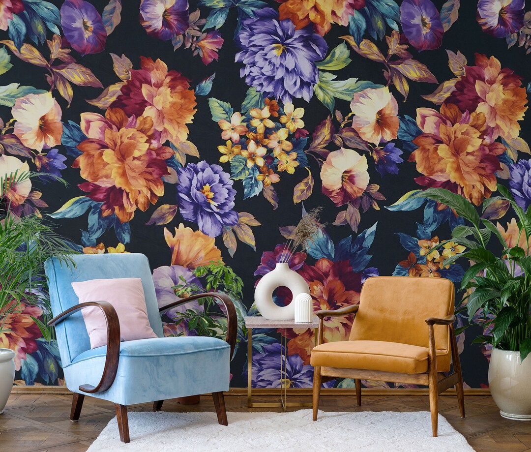 Dark Painted Flowers Botanical Wall Mural, Dark Floral Wallpaper • Peel ...