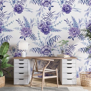 Carta da parati ad acquerello con fiori viola e blu, decorazione murale floreale, stampa botanica Autoadesivo Stacca e attacca Rimovibile immagine 1